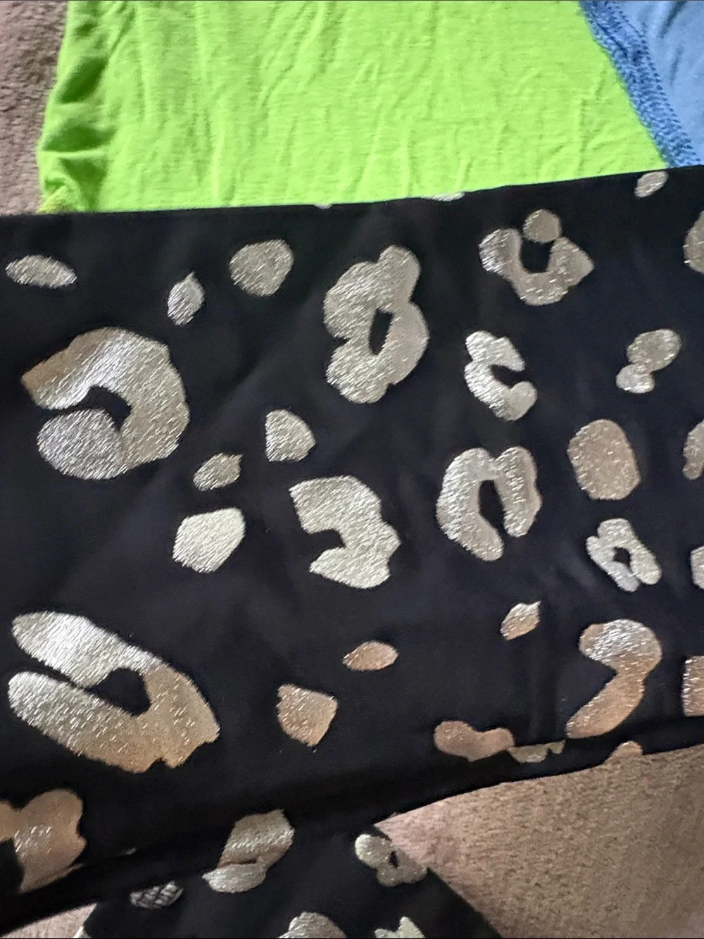 Kids Terez Black Metallic Leopard Leggings with Lime Green & Sky Blue Tees